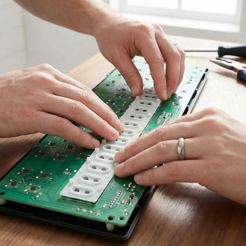 Hands installing 2 Pack Conductive Rubber Contact Strips For Keyboard Buttons And Digital Pianos, Silicone Key Contact Pads, Repair Kit