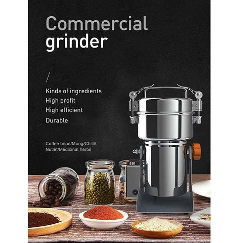 Electric Grain Grinder Mill For Corn Soybean Wheat And Spices with stainless steel build, shown with spices and cereals.