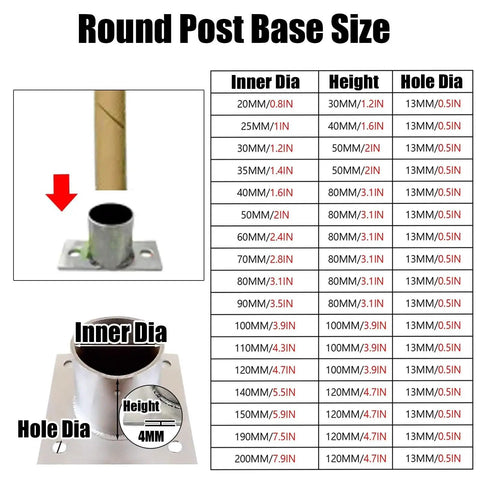 Chart showing round post base sizes, inner diameters from 20mm to 120mm with height and hole diameters for Heavy Duty Stainless Steel Post Base Sleeve And Fence Post Anchor Bracket Flange Railing Holder For Round Column Support For Outdoor Gazebos And Backyard 16 Pack 6x6 4x4 2x2 8x8 Inches Dia 120 Mm.