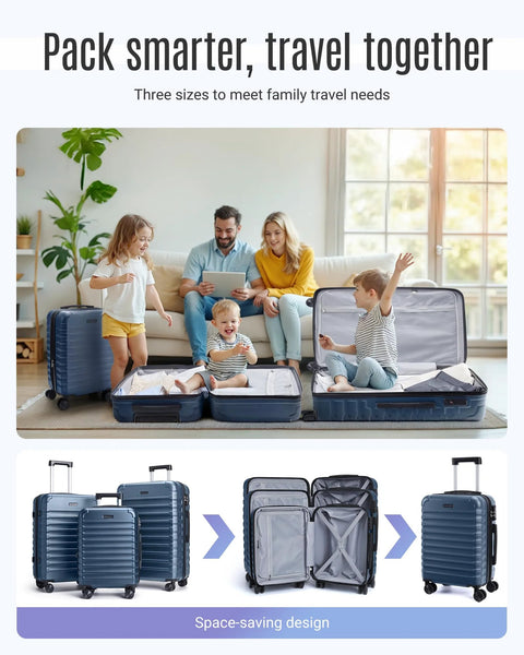 LIGHT FLIGHT 3-piece royal blue hard-shell luggage set with spinner wheels and TSA lock; open suitcases in living room.