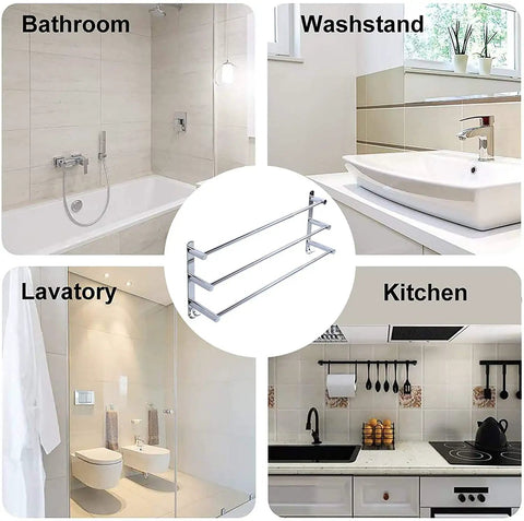 Retractable Towel Bar Rack In Stainless Steel 304, Adjustable 20-30 Inches, 3 Arm Bathroom Wall Organizer shown in various rooms