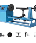Kickstart Your Woodworking Game With This Smooth Mini Lathe Machine! Blue benchtop lathe with tool rest and accessories.