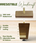 Heavy Duty Four Inch Square Wooden Furniture Legs With Adjustable Levelers And Secure T Nuts Hardware Brown Wood Grain showing features and materials.