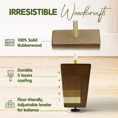 Heavy Duty Four Inch Square Wooden Furniture Legs With Adjustable Levelers And Secure T Nuts Hardware Brown Wood Grain showing features and materials.