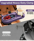 3 In 1 Modular Stroller Snack Tray With Universal Fit Dual Lock Attachment installed on a stroller with fruits and bottle