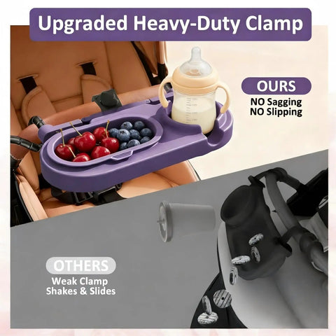 3 In 1 Modular Stroller Snack Tray With Universal Fit Dual Lock Attachment installed on a stroller with fruits and bottle
