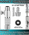 Quick Release Connect Kit With Adjustable Valve And Spring Lock dimensions and fitting details for air compressors and spray guns.