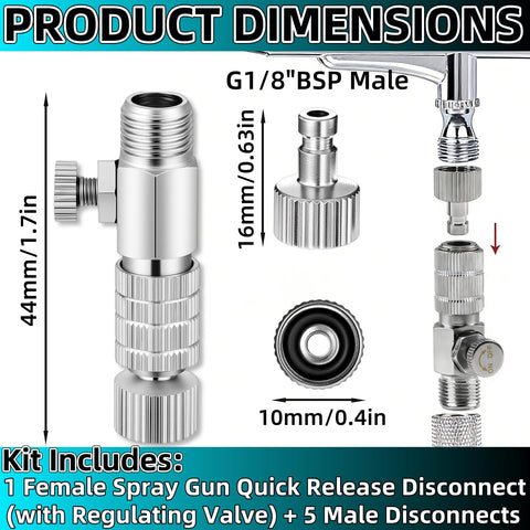 Quick Release Connect Kit With Adjustable Valve And Spring Lock dimensions and fitting details for air compressors and spray guns.