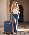 Front view of Cosbarn hard-shell blue suitcase with 4-spinner wheels