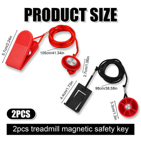 Two Pack Universal Treadmill Magnetic Safety Keys with dimensions and measurements shown
