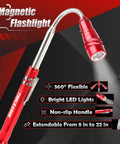 Red telescoping magnetic pickup tool with LED flashlight, focus on flexible neck and non-slip handle. Part of 7 Piece Tool Set.