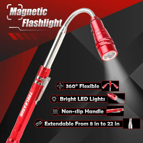 Red telescoping magnetic pickup tool with LED flashlight, focus on flexible neck and non-slip handle. Part of 7 Piece Tool Set.