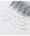 Assorted silver cotter pins from 555Pcs Cotter Pin Set R Clips Split Pins Assortment Kit for Mechanical Repair and DIY Projects in case.