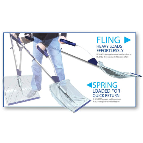 Person using Shovelution Strain Reducing Ice Remover With Assist Handle 18 Inch Heavy Duty Snow Shovel with blue blade