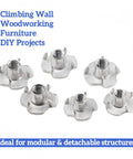 34 Pcs M10x1.5 T Nuts 304 Stainless Steel Four Prong DIN1624 Standard for climbing wall, woodworking, and furniture projects