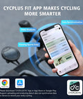 Hand holding smartphone with GPS Bike Computer app displaying data, next to bicycle handlebars, highlighting wireless connectivity.