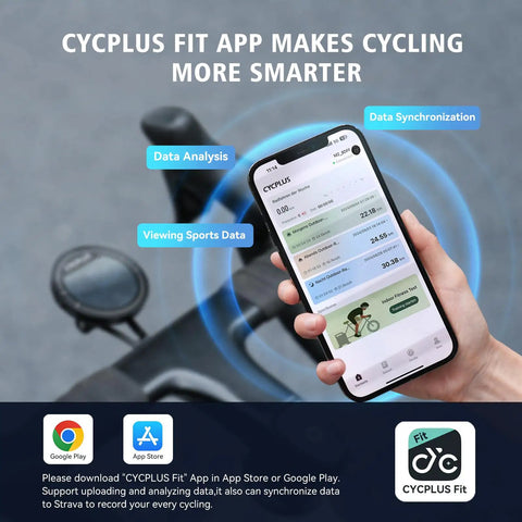 Hand holding smartphone with GPS Bike Computer app displaying data, next to bicycle handlebars, highlighting wireless connectivity.