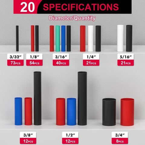 Display of 230 Pcs 3 To 1 Heat Shrink Tubing Kit With 8 Sizes, Adhesive Lined Marine Grade Shrink Wrap, assorted colors on shelves.