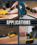 15 Ft Dust Collection Hose Kit with 2 Quick Change Adapters attached to various woodworking tools and shop vacuums