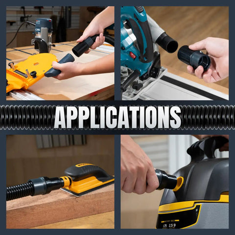 15 Ft Dust Collection Hose Kit with 2 Quick Change Adapters attached to various woodworking tools and shop vacuums