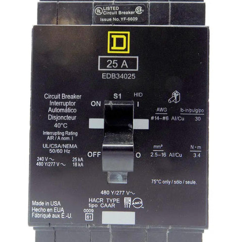 Heavy Duty 480Y 277V 25A Miniature Circuit Breaker Model EDB34025 close-up view