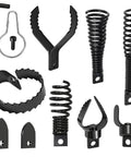 9 Piece Badass Drain Snake Drill Attachment Root Cutter tools showing various auger heads and accessories for 5/16 to 3/4 inch cables.