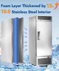 Workhorse Grade 27 Inch Commercial Freezer 23 Cubic Foot Reach In Upright Cooler with solid stainless door and insulated design.