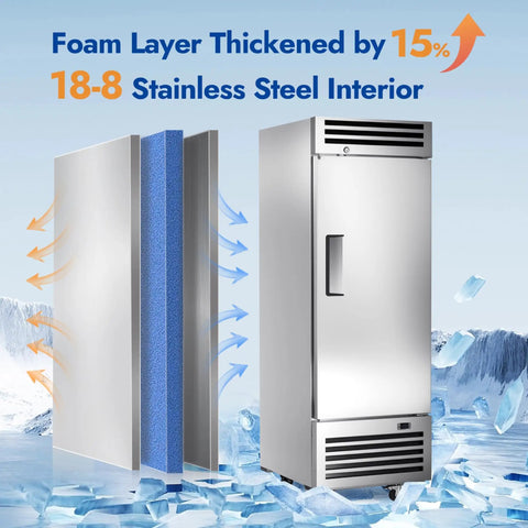Workhorse Grade 27 Inch Commercial Freezer 23 Cubic Foot Reach In Upright Cooler with solid stainless door and insulated design.