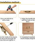 Antique Brass Bail Drawer Pulls Set, 6 Pack, installation steps with drill and attached handles on a wooden cabinet