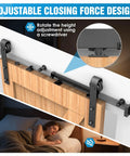 Soft Close Barn Door Mechanism Set With Hole Free No Drill Installation For Doors Up To 132 Lbs Includes Spring Buffer Damper And Adjustable Stoppers 2 Pack With S Hook Mounting And Hex Wrench For Smooth Quiet Sliding Door Hardware installed above a wooden barn door with adjustable closing force design visible.