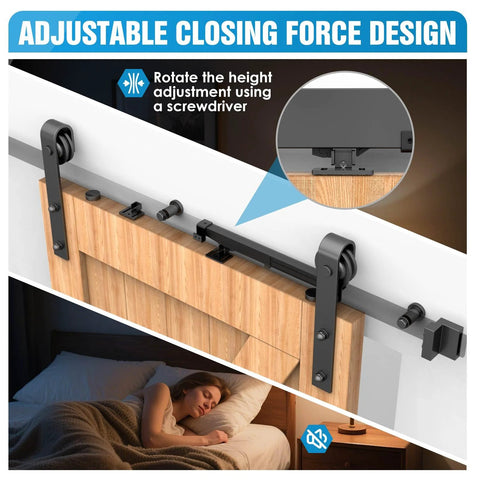 Soft Close Barn Door Mechanism Set With Hole Free No Drill Installation For Doors Up To 132 Lbs Includes Spring Buffer Damper And Adjustable Stoppers 2 Pack With S Hook Mounting And Hex Wrench For Smooth Quiet Sliding Door Hardware installed above a wooden barn door with adjustable closing force design visible.