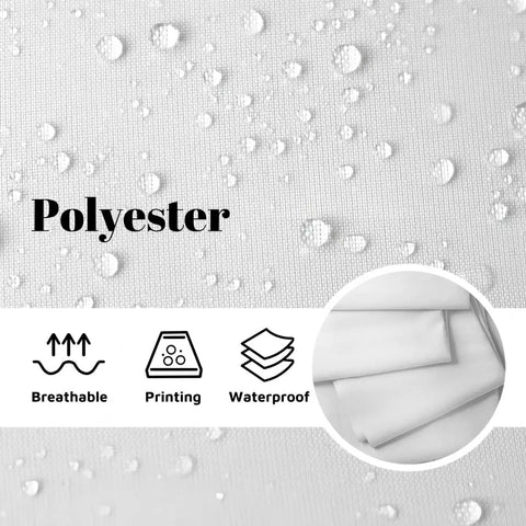 Waterproof polyester fabric detail with breathable, printing, and waterproof icons