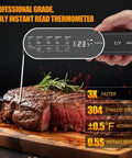 Person using Rechargeable Digital Meat Thermometer With Ultra Fast 0.5 Second Instant Read And Plus Or Minus 0.5 Degree Fahrenheit Accuracy Auto Rotating Backlight Display IP67 Waterproof Wireless Kitchen BBQ Tool For Grilling And Smoking Like A Boss, measuring steak temperature.