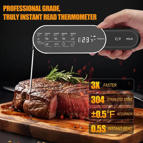 Person using Rechargeable Digital Meat Thermometer With Ultra Fast 0.5 Second Instant Read And Plus Or Minus 0.5 Degree Fahrenheit Accuracy Auto Rotating Backlight Display IP67 Waterproof Wireless Kitchen BBQ Tool For Grilling And Smoking Like A Boss, measuring steak temperature.
