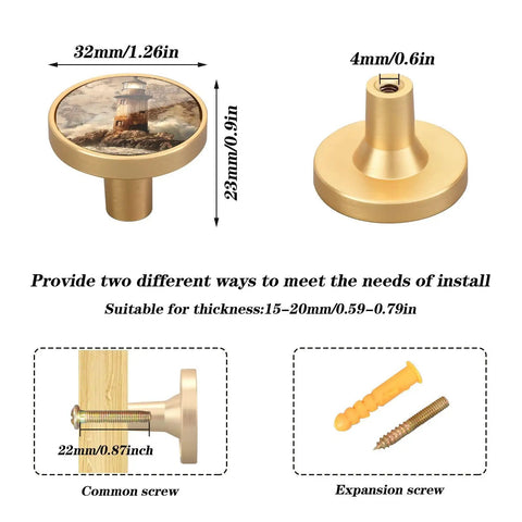 Lighthouse Vintage Cabinet Knob Set 4 Pack with fashion pull handles, gold print, acrylic backing, includes regular and expansion screws.