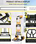 Front view of folding hand truck and dolly with yellow aluminum frame, retractable handle, rubber wheels, 440 lb capacity