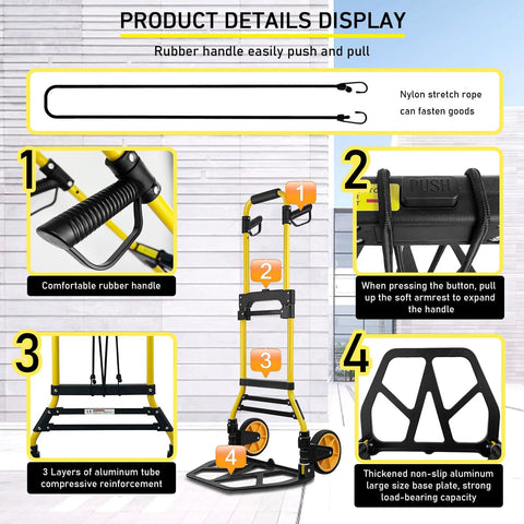 Front view of folding hand truck and dolly with yellow aluminum frame, retractable handle, rubber wheels, 440 lb capacity