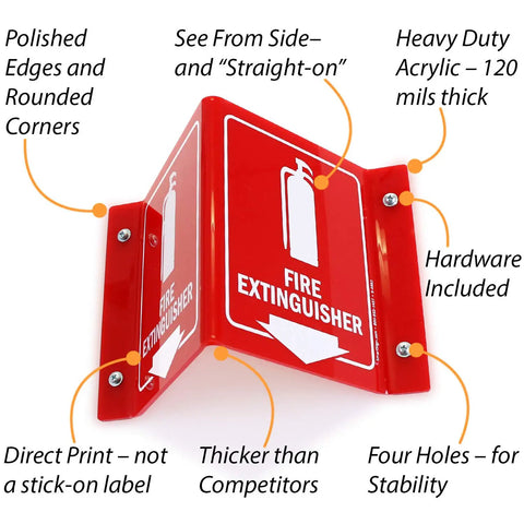Fire Extinguisher Projecting Sign With Arrow, 6-Inch White On Red Polished Acrylic Sign For Hallways Corridors And Lobby