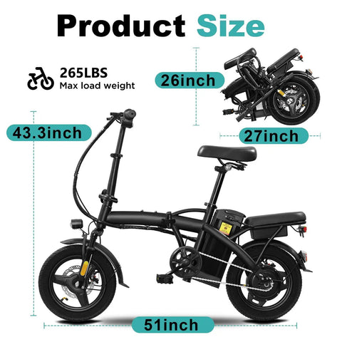 Foldable Ebike For Adults And Teens, City Commuter With 560W Motor, 48V 10Ah Battery shown folded and unfolded dimensions