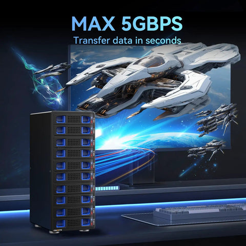 No Sweat Storage Beast 10 Bay Aluminum Desktop Raid Enclosure With Active Cooling Fan, showcasing USB connectivity and 5Gbps data transfer.