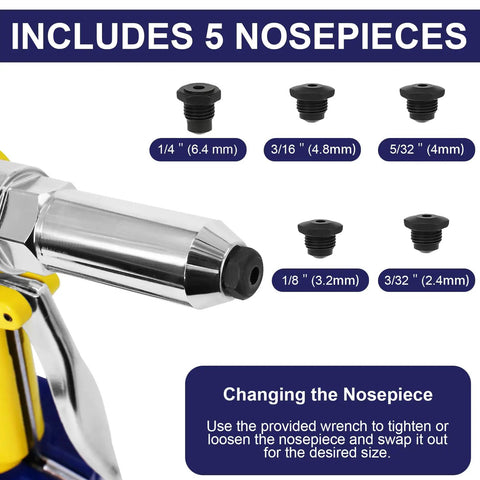 Heavy Duty Air Rivet Gun With Fifty Pop Rivets And Five Swappable Nosepieces Built For Auto And Marine Gear Pulls Heavy Loads Without Breaking A Sweat Or Ripping Your Nails Off