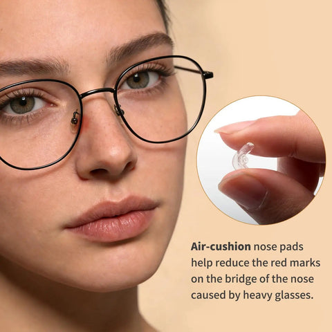 Super Comfy Air Chamber Nose Pads For Glasses With Grippy Silicone Pad Replacement showing clear air-cushion nose pad on fingers.