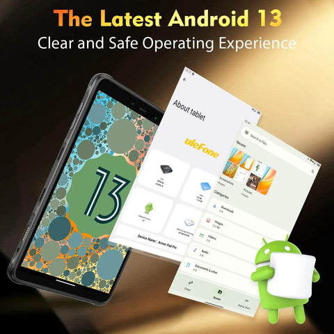 Hardcore 8 Inch Rugged Tablet Packed With Octa Core Processor And 16GB RAM And 128GB Storage Featuring 48MP Camera System And Massive 7650mAh Battery Built Rock Solid To Handle Any Grind With IP69K Waterproofing And Android 13 displaying Android 13 interface.
