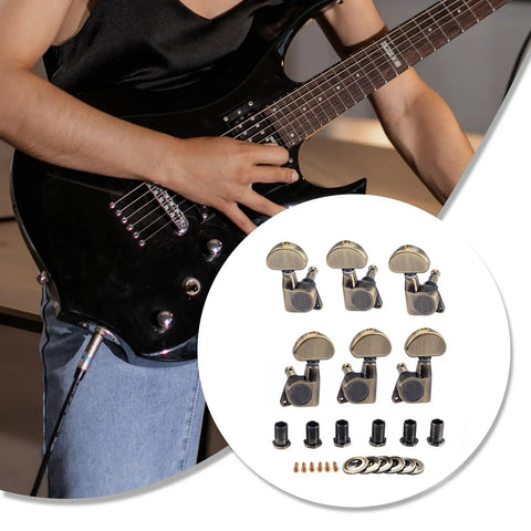 6 Pack Metal Guitar Tuning Pegs With Locking Machine Heads For Quick Dialed In String Tuning And Easy Replacement On Guitars Copper Alloy Precision Gear Tuner Set on black electric guitar