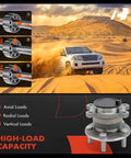 Diagram of high-load capacity wheel bearing with axial, radial, vertical references, shown with car in desert landscape.