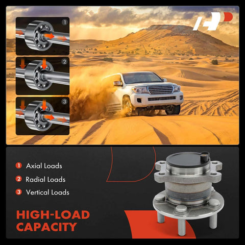 Diagram of high-load capacity wheel bearing with axial, radial, vertical references, shown with car in desert landscape.
