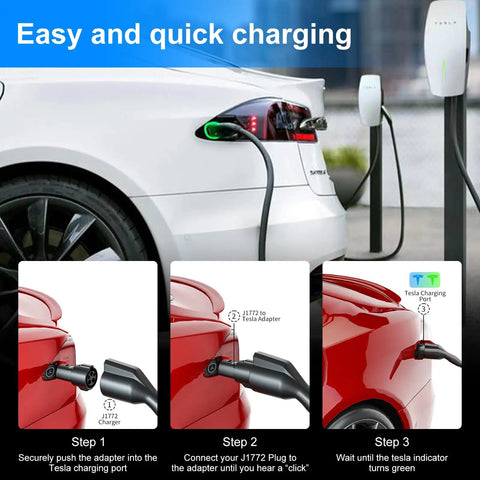 J1772 To Tesla Charger Adapter Is The Real Deal For Model 3 Y X S Delivering Max 80A Fast Charging, showing charging steps on a Tesla.