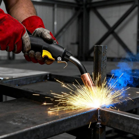 Heavy Duty 20 Pack Mig Welding Contact Tips T045.045 Diameter For Centerfire Guns in use, producing sparks during welding.