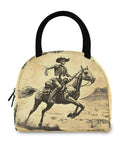 Skeleton Horse Desert Vintage Insulated Lunch Bag For Women And Men with cowboy skeleton riding design on insulated tote.