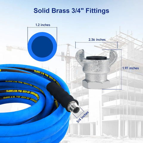 Solid Brass 3/4" fittings with a blue heavy duty air hose highlighting the rugged durability of the Built Like A Tank Heavy Duty Compressor Air Hose Measuring Three Quarters Inch By One Hundred Feet With Chicago Quick Connect Fittings And A Rugged Hybrid Rubber Pvc Composite Braided Core For Shop Grind.